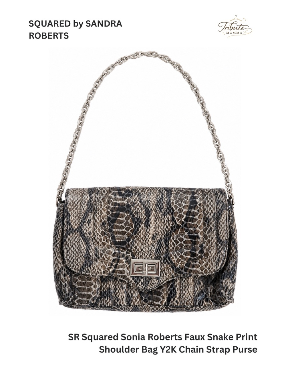 SR Squared Sonia Roberts Faux Snake Print Shoulder Bag Y2K Chain Strap Purse